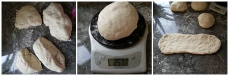 Division et façonnage de la pâte à baguette maison : pâtons de 260 g pesés et aplatis en rectangles avant de former les baguettes