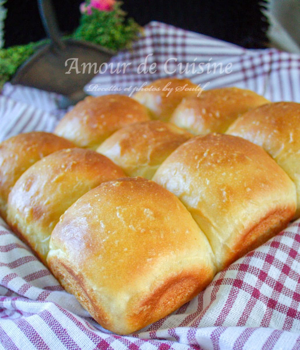 Tray of homemade soft dinner rolls, golden and shiny, placed side by side on a red and white checkered cloth
