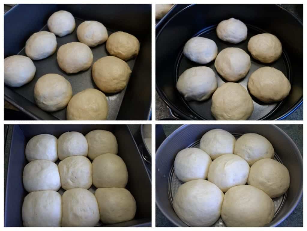 Steps in making homemade dinner rolls: dough balls arranged in round and square pans, shown before and after rising