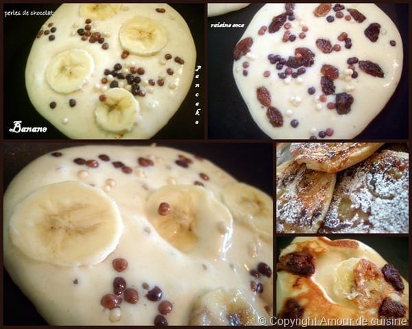 pancake a la banane/ chocolat… raisins secs/chocolat