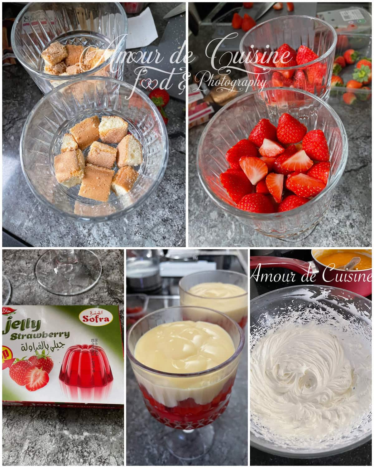 Preparation steps for a strawberry English trifle: layers of sponge cake, red fruits, jelly, custard, and whipped cream, displayed in elegant dessert glasses on a kitchen countertop.