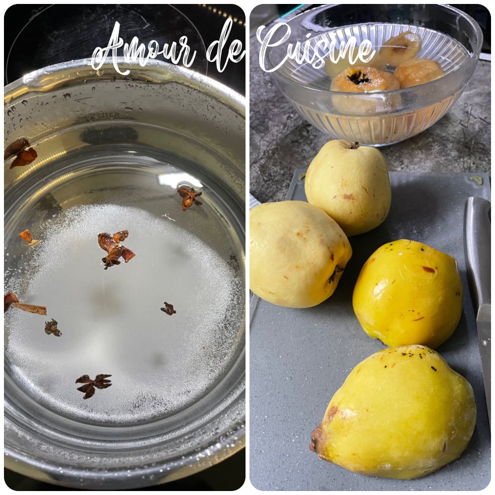 cuisson des coings dans une eau sucrée parfumée à la badiane