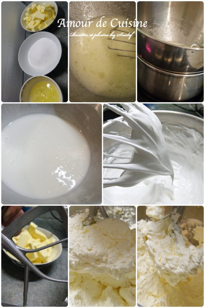 **Alt text:**
Step-by-step collage showing how to make Swiss Meringue Buttercream: melting egg whites and sugar over a bain-marie, whipping to stiff peaks, then adding butter for a smooth, fluffy frosting.
