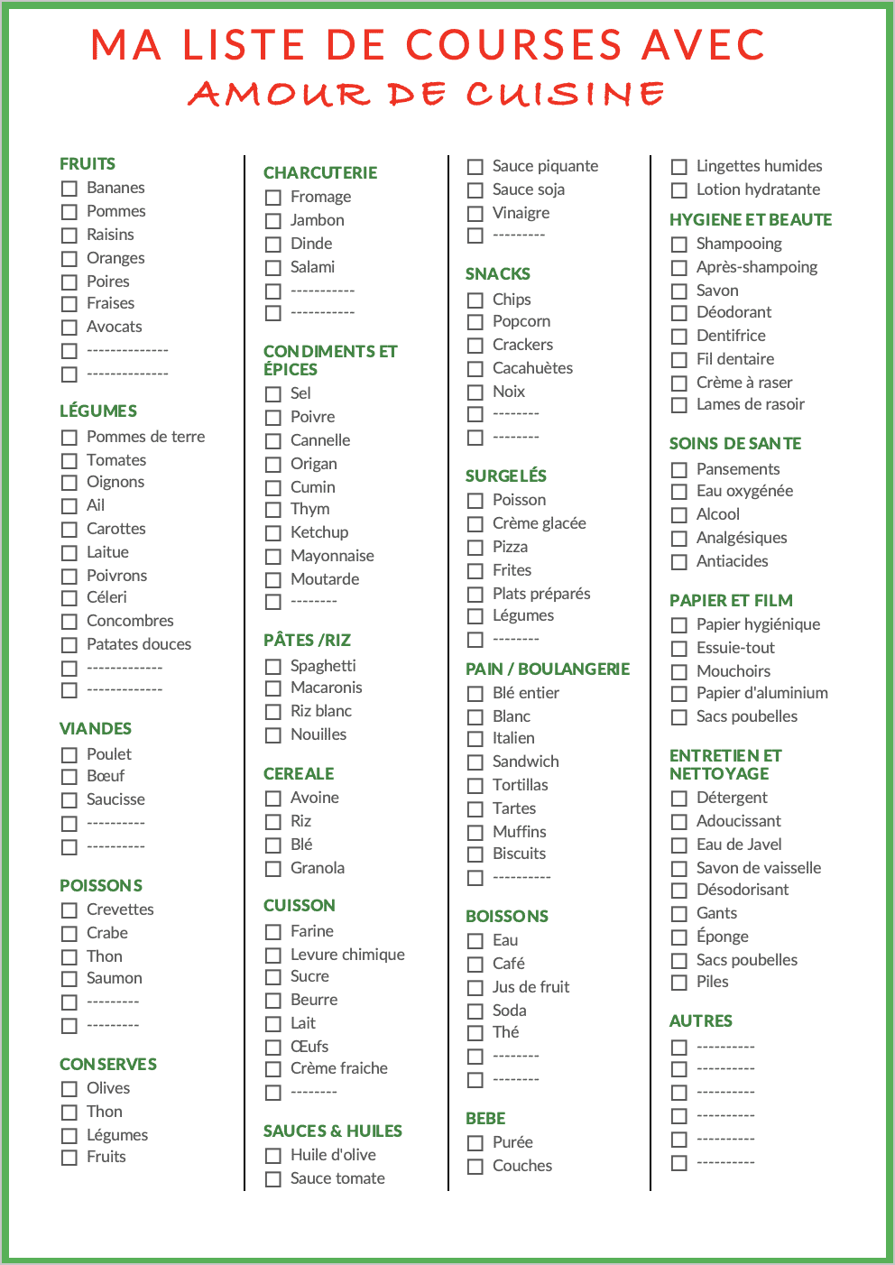 Liste de course à imprimer