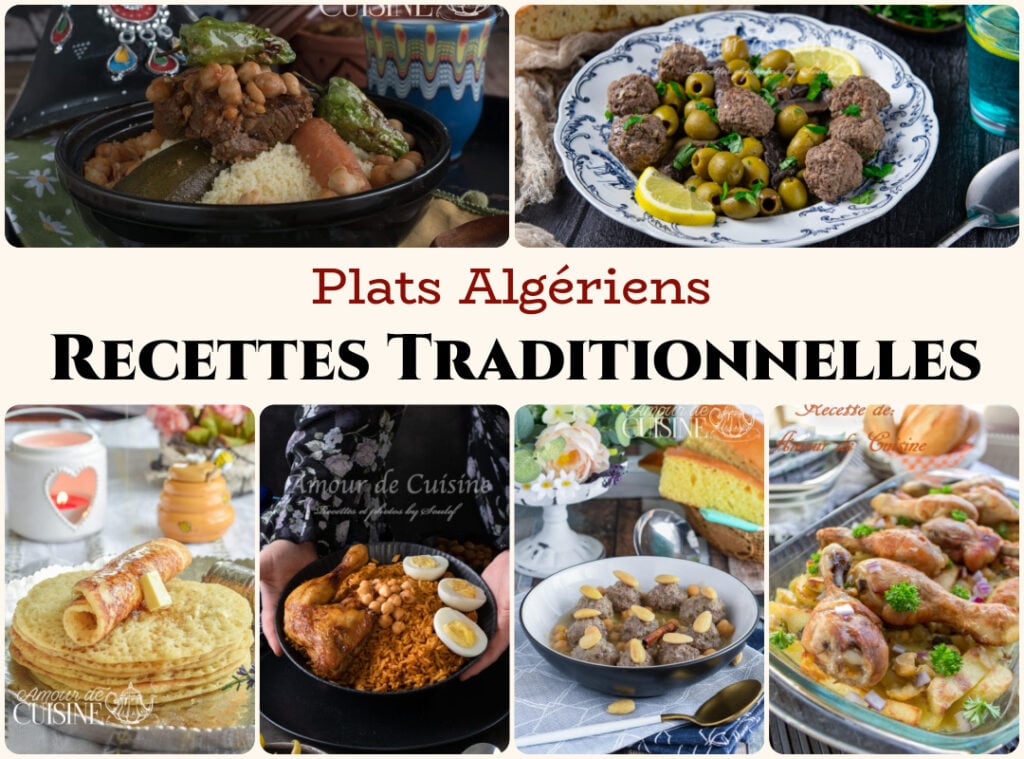 Montage de plats algériens traditionnels avec couscous, baghrir, tajines, boulettes en sauce et batata kbab au poulet au four.