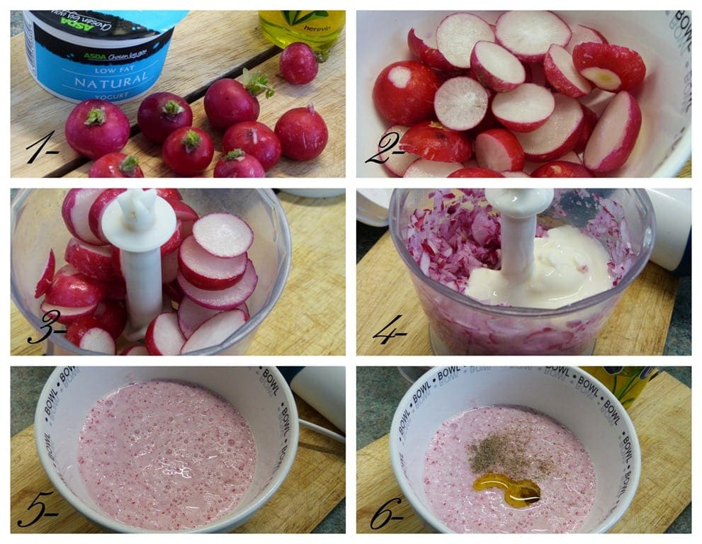 Étapes de préparation de la soupe froide aux radis roses : 1. Ingrédients rassemblés (radis, yaourt, huile). 2. Radis lavés et coupés. 3. Radis dans un mixeur. 4. Ajout du yaourt. 5. Mélange mixé. 6. Soupe assaisonnée avec sel, poivre et huile d’olive.