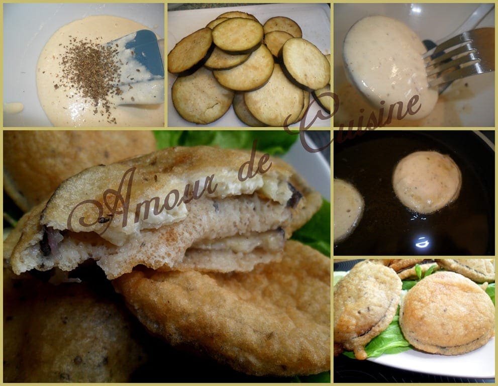 Étapes de la recette des beignets d’aubergines au basilic : préparation de la pâte, tranches d’aubergines, enrobage, friture et résultat final croustillant