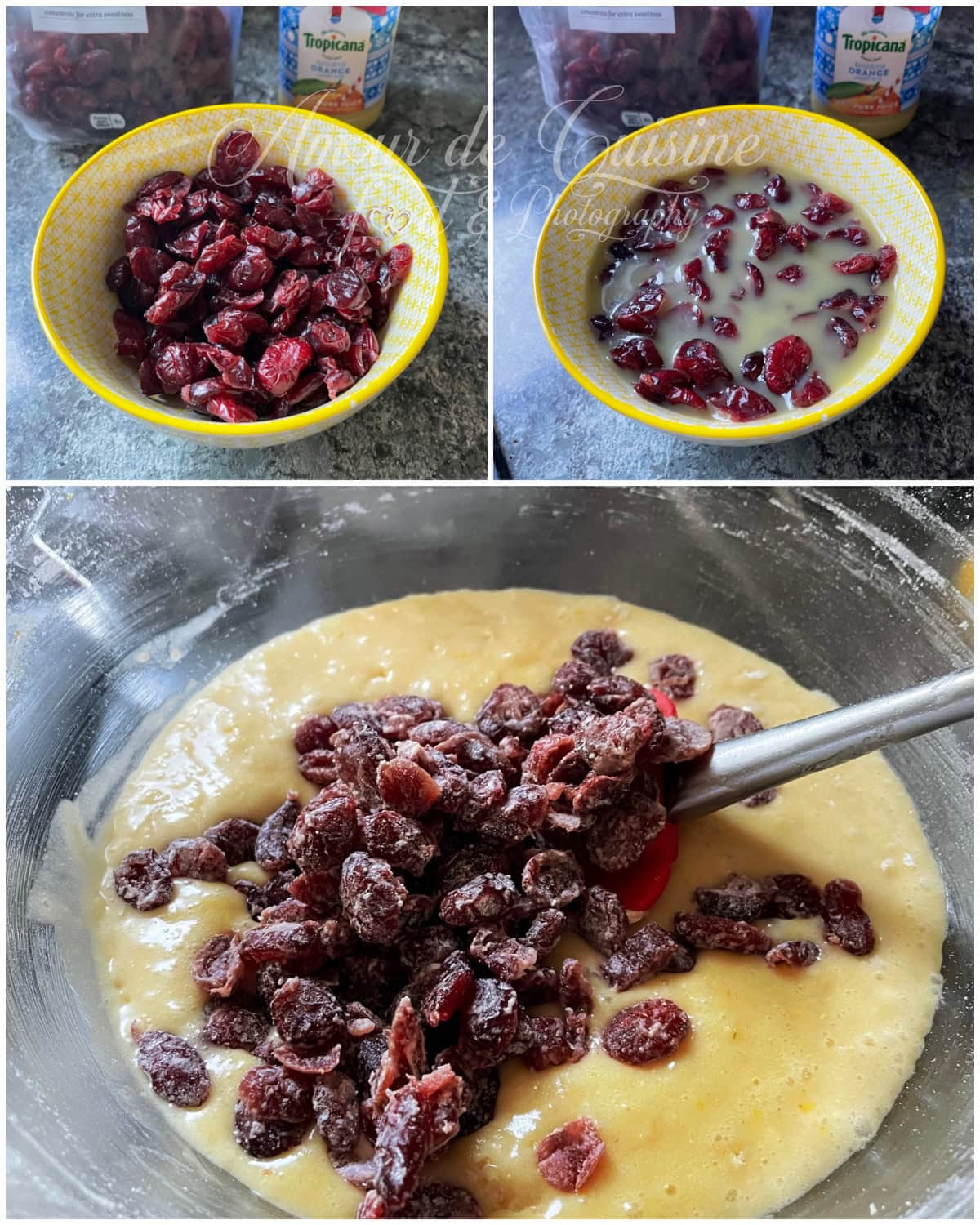 Collage showing dried cranberries in a yellow bowl, cranberries soaking in warm orange juice, and floured cranberries being folded into a smooth cake batter in a mixing bowl.