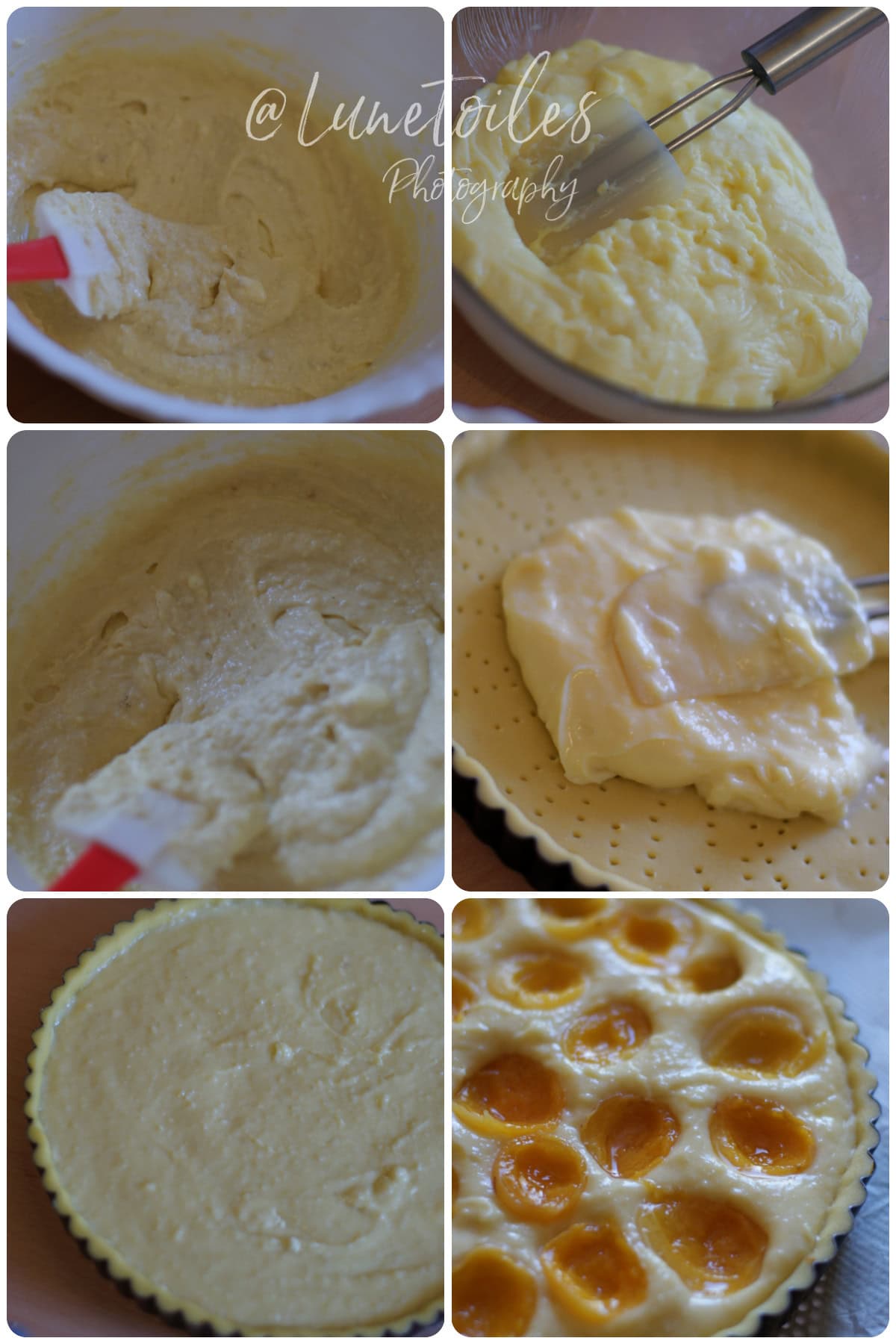 Étapes de préparation de la tarte aux abricots et crème d’amande, du mélange des crèmes au montage avec les abricots
