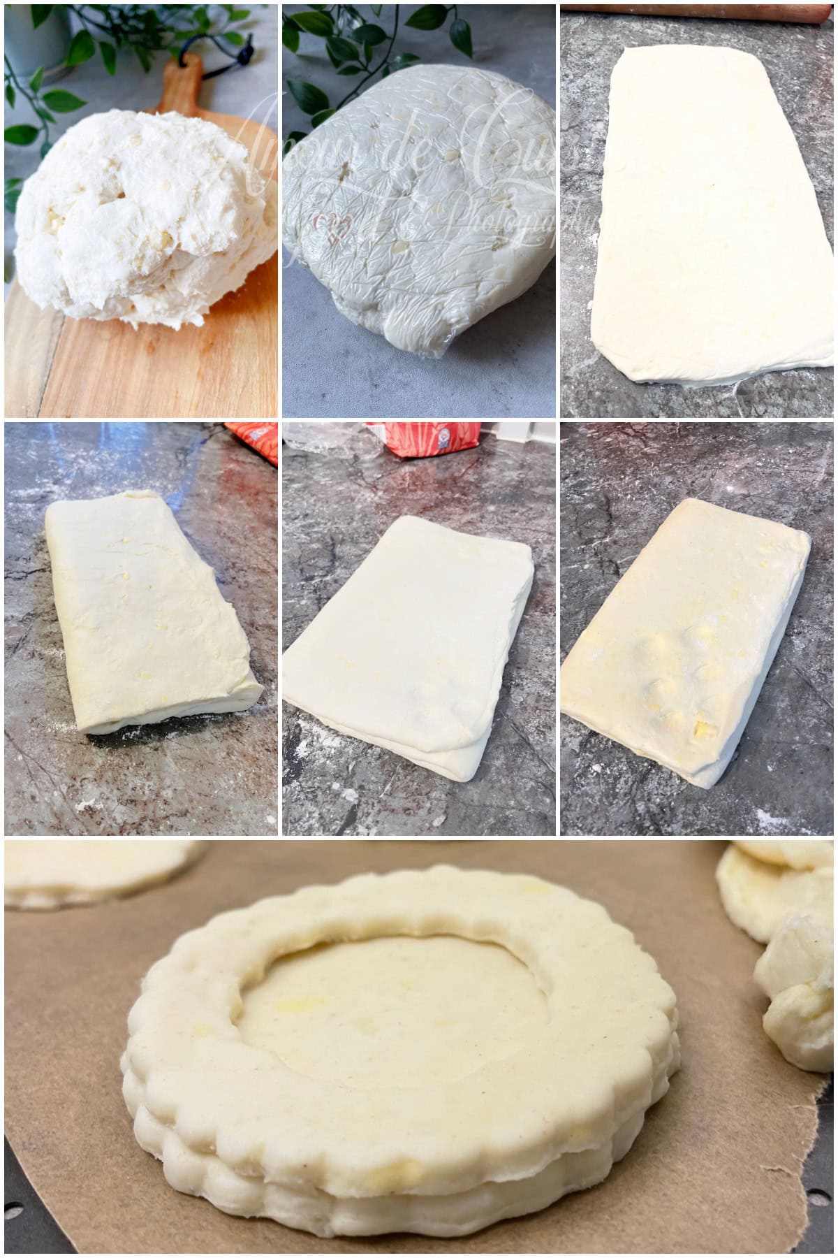 Collage showing the steps for express puff pastry: the dough mixed and wrapped, rolled into a rectangle, folded like a letter, then cut into a disc before baking, on a floured work surface.