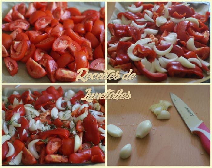 tomates poivrons ail et oignon coupés en tranche placés dans un plat allant au four 