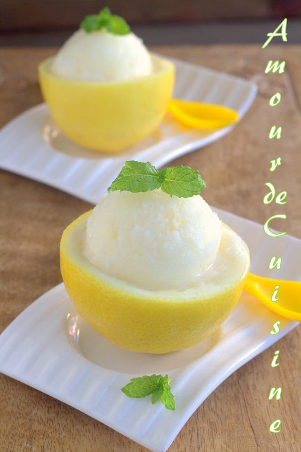 Sorbet au citron algérien (créponné) sans œuf, servi dans une demi-coque de citron, décoré de menthe fraîche, présenté sur une assiette blanche avec cuillère jaune