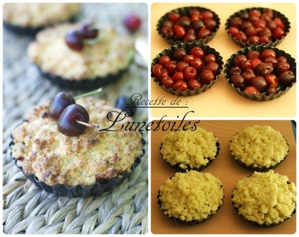 Étapes de préparation du crumble cerise à la pâte d’amande, avec cerises en moules individuels, pâte à crumble et dessert doré.