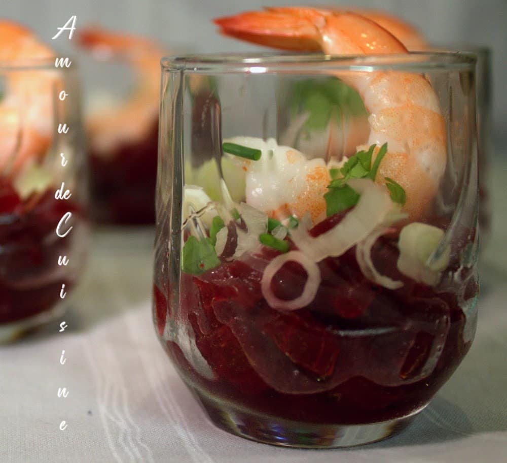 Verrine betterave et crevettes pour apéros