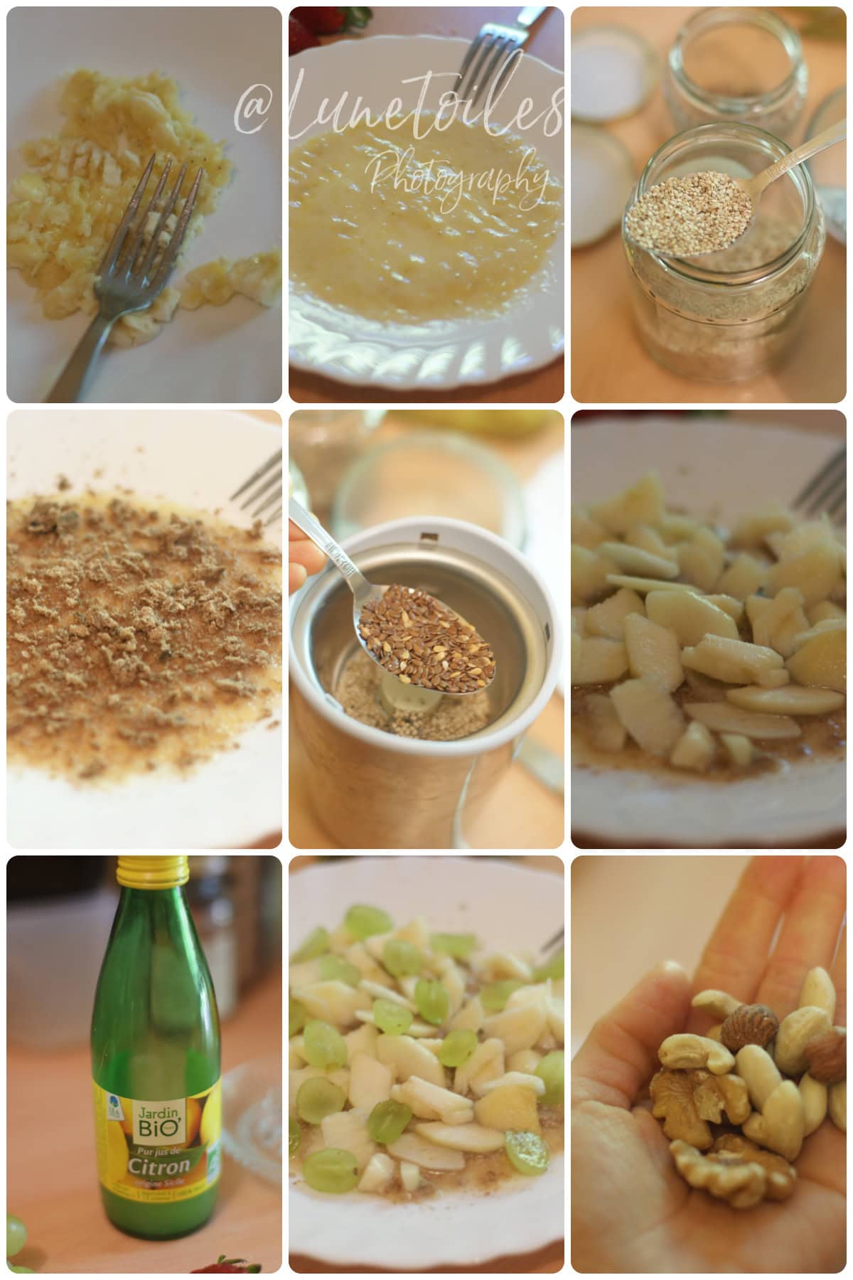 Étapes de préparation du Miam o fruit avec banane écrasée, graines broyées, jus de citron, fruits frais et oléagineux.