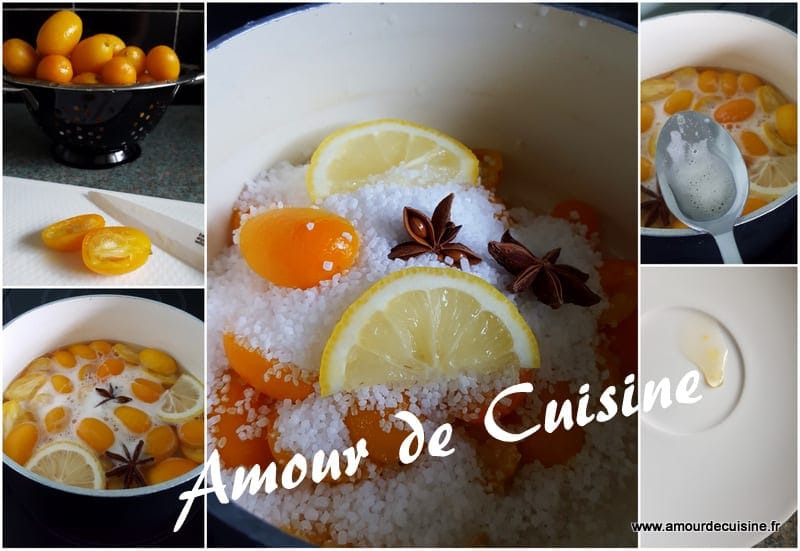 Step-by-step collage for kumquat jam: whole kumquats, sliced fruit, a saucepan with sugar, lemon slices and star anise, then stirring the mixture as it cooks.