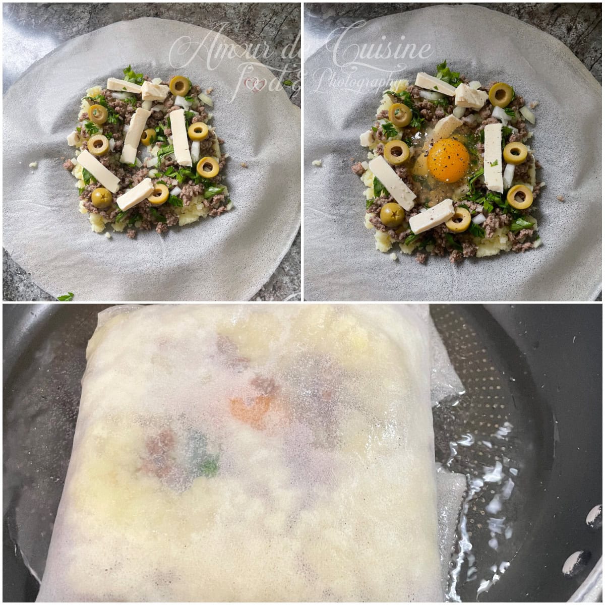 Annabi bourek assembly steps on a brick pastry sheet: filling (mashed potatoes, minced meat, onion, parsley, olives and cheese), adding an egg in the center, then folding into a square before frying in oil.
