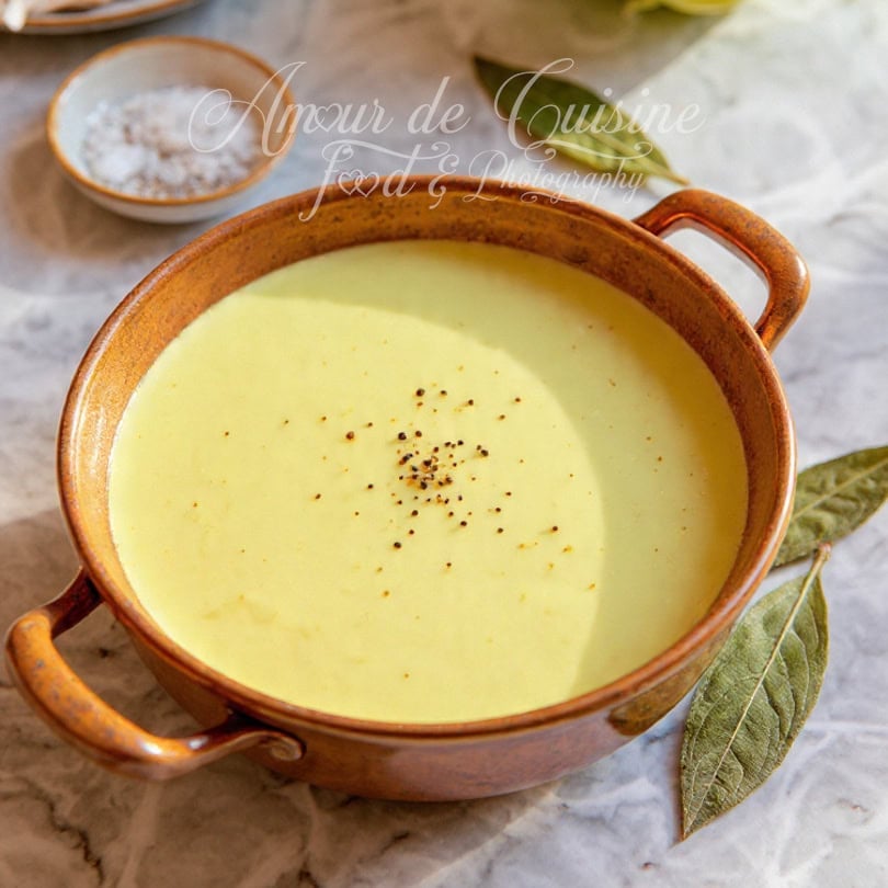 Cocotte en terre cuite remplie de velouté crémeux au chou vert, parsemé de poivre noir, posée sur un plan de travail en marbre avec une feuille de laurier à côté.