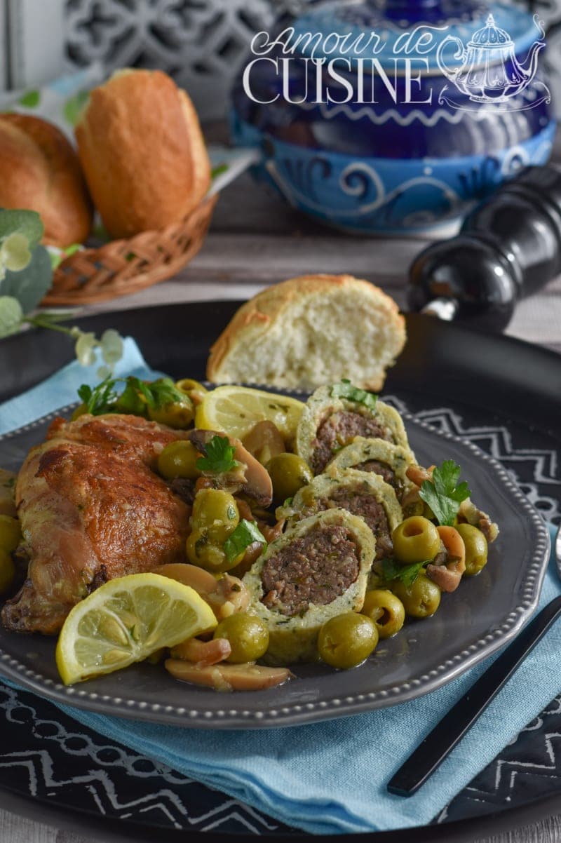 tajine de roulé de poulet à la viande aux champignons