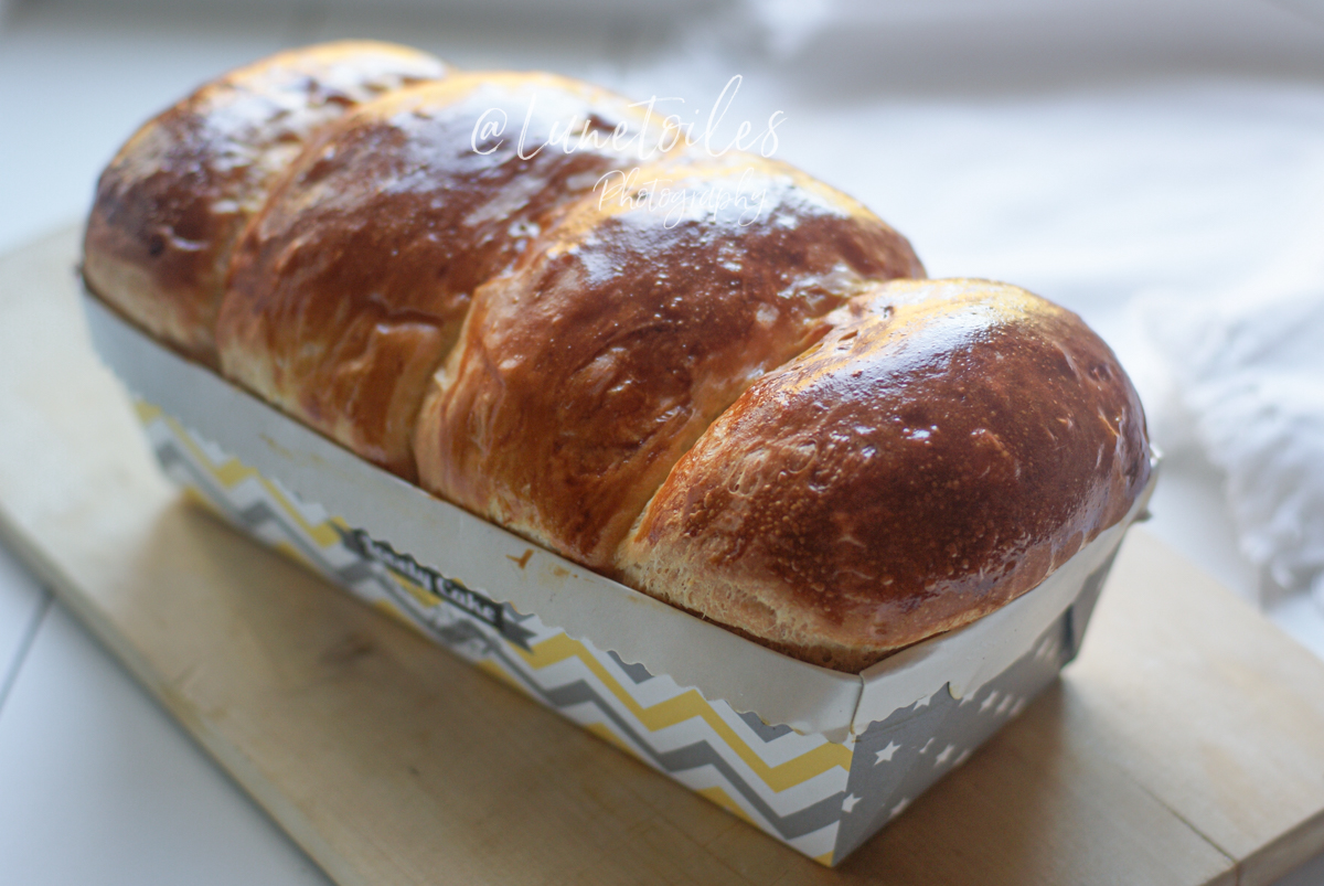 Homemade Hokkaido Japanese milk bread, soft and risen brioche with a golden, glossy crust, presented in a decorative paper mold