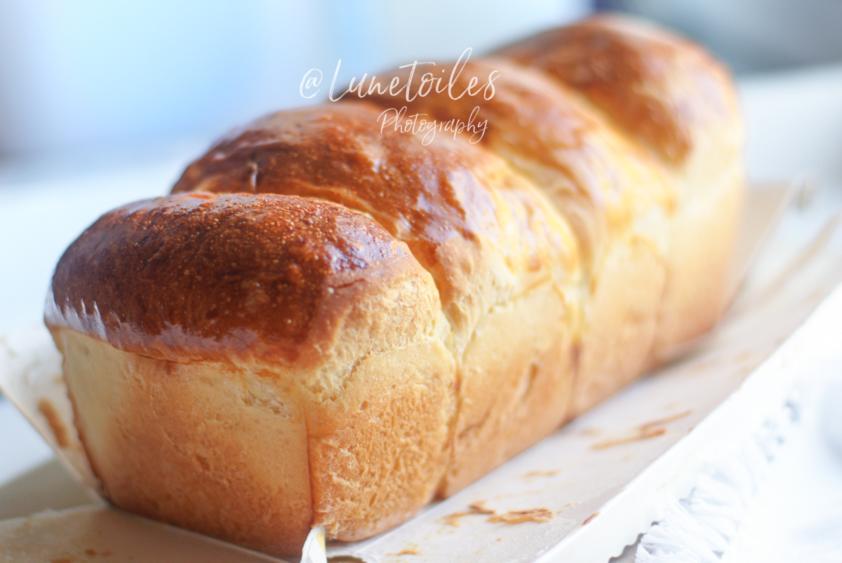 Homemade Hokkaido Japanese milk bread, golden and risen brioche with a shiny crust, presented whole in its baking mold after baking