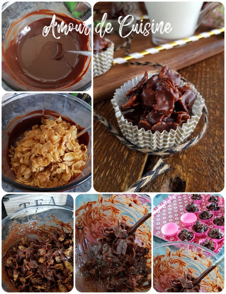 Step-by-step collage showing how to make chocolate cornflake clusters (roses des sables): melted chocolate, cornflakes folded in, mixture spooned into paper cases, and the finished treats ready to serve.