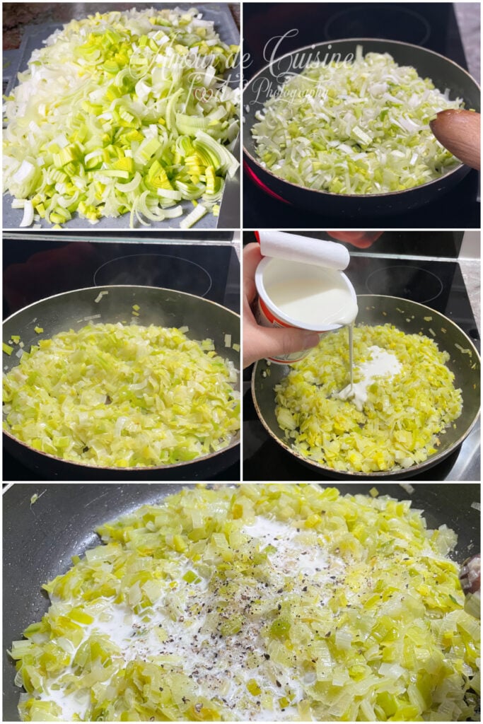 Step-by-step collage of leek fondue preparation: sliced leeks, cooking in a pan, softened leeks, adding cream, and seasoning with black pepper.