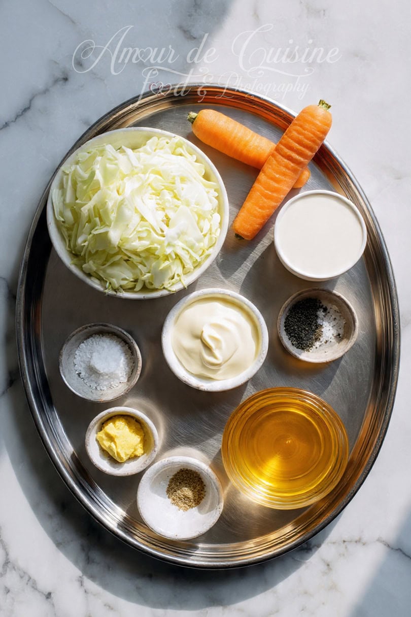 Metal tray displaying coleslaw ingredients: shredded white cabbage, two whole carrots, yogurt, mayonnaise, vinegar, mustard, salt, pepper, and spices arranged in small bowls on a marble surface.