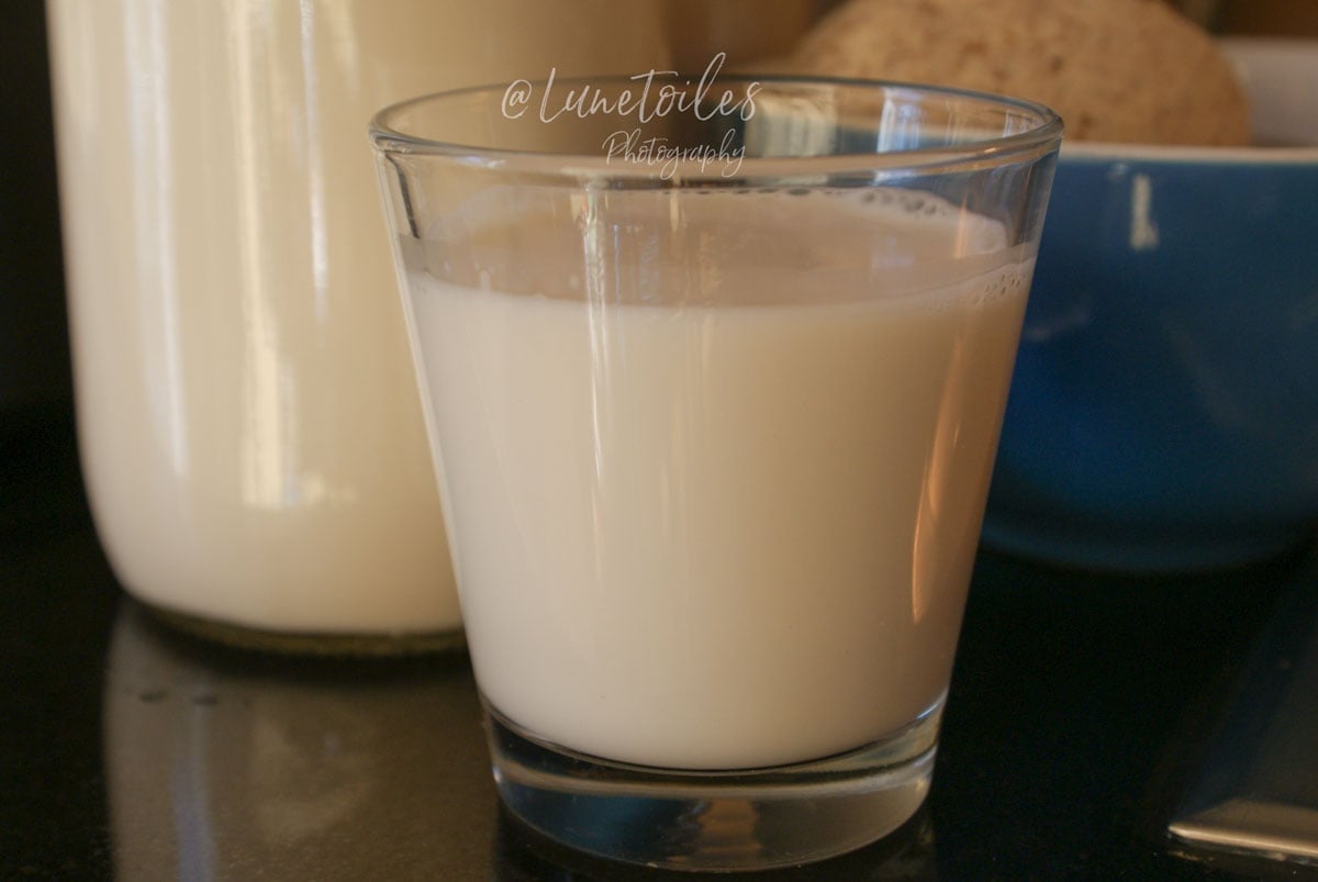 Verre de lait d’amande maison servi avec une bouteille de lait végétal et un bol d’okara en arrière-plan.