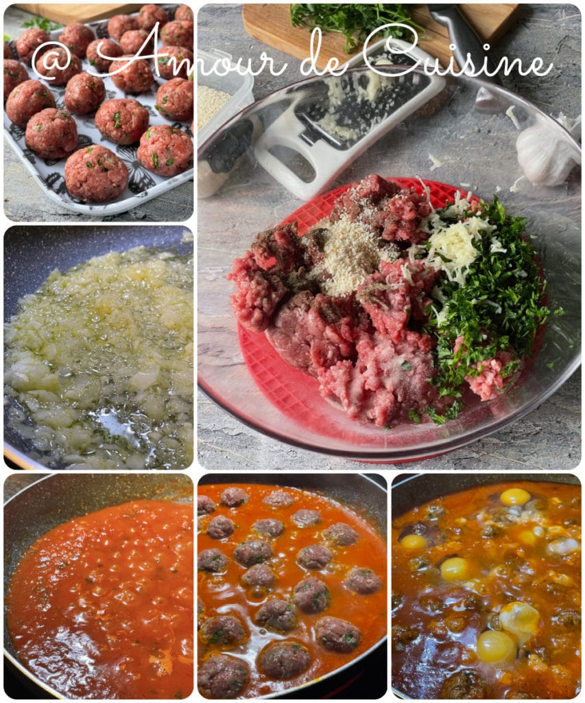 Step-by-step collage for kefta and eggs tagine: mixing minced meat with parsley, garlic, and spices, shaping meatballs, sautéing onions in oil, simmering tomato sauce, adding the meatballs, then cooking the eggs directly in the sauce.