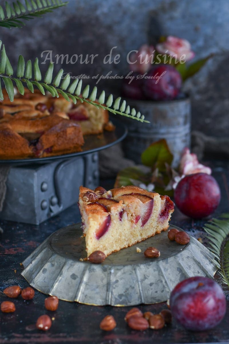 Gâteau moelleux aux prunes rouges et noisettes