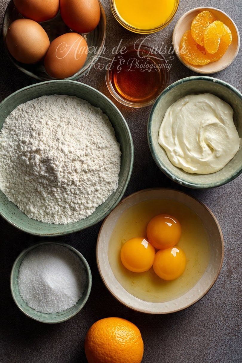 Flat lay of orange yogurt loaf cake ingredients: eggs and yolks, flour, sugar, yogurt, oil, orange juice, and orange slices arranged in bowls on a dark countertop.