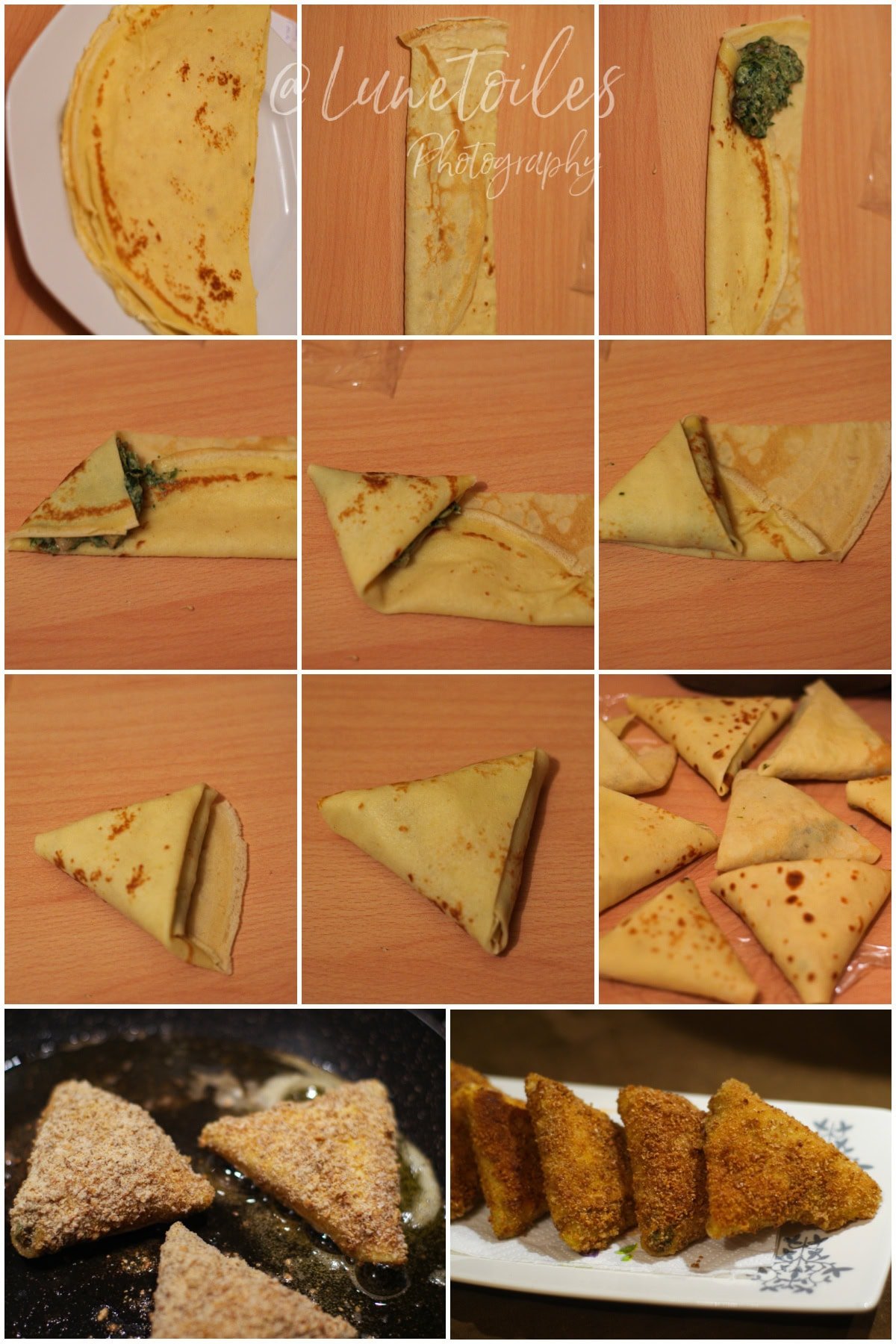 Étapes en images du pliage des samossas de crêpes : demi-crêpe pliée en bande, ajout de farce aux épinards, pliage en triangle, panure, cuisson à la poêle puis samossas dorés prêts à servir.