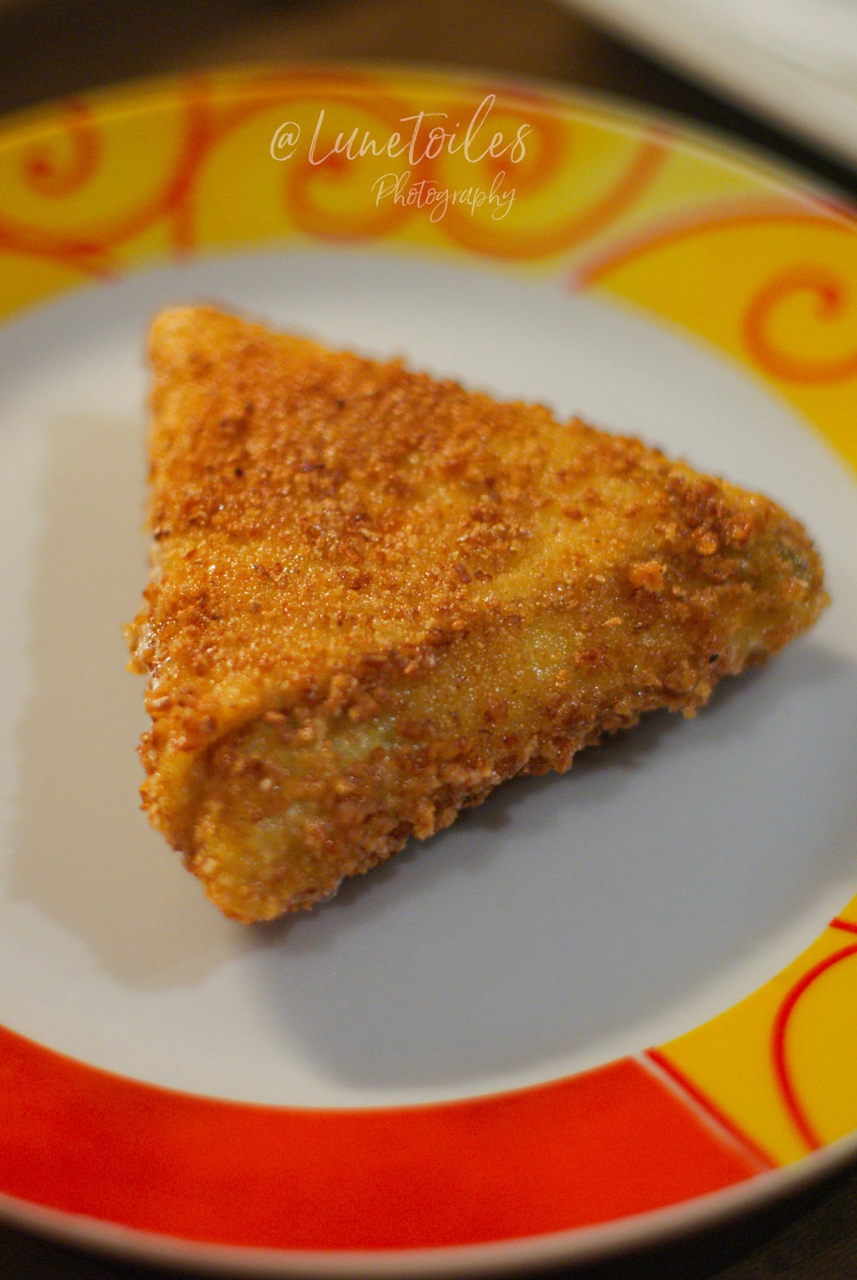 Samossa de crêpe panée doré et croustillant, servi seul sur une assiette, montrant une panure fine et bien colorée.
