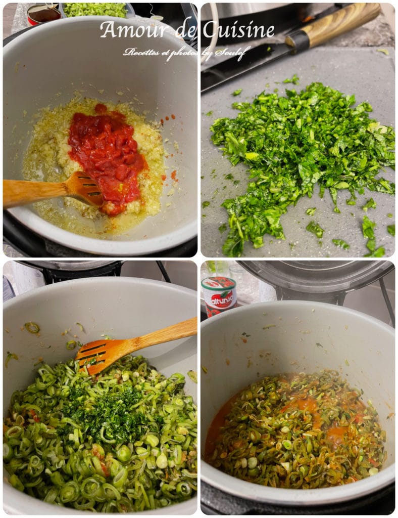 cuisson du plat algerien foul rous bratel, feves vertes en sauce