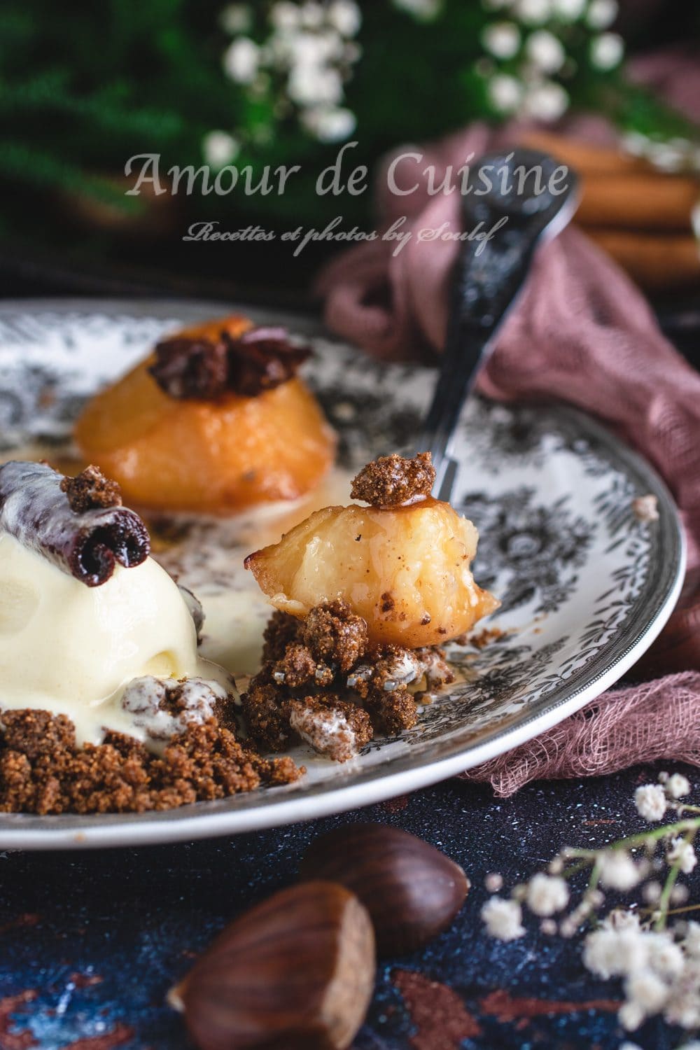 Coings rôtis au crumble de châtaignes