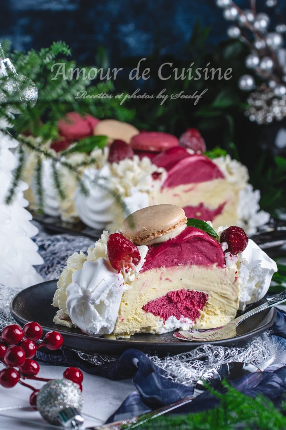 vacherin glacé à la vanille et sorbet de framboises