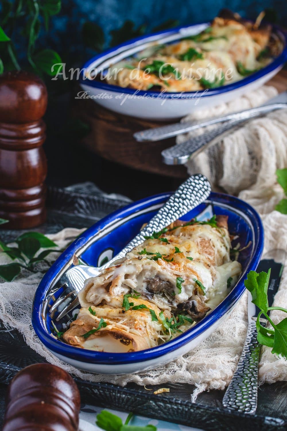 Crêpes au poulet grillé et champignons