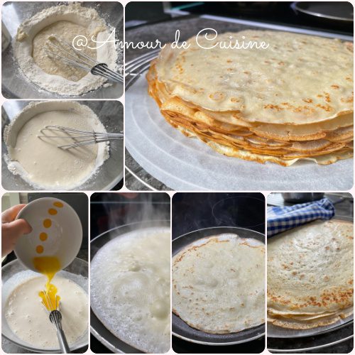 Montage des étapes pour réussir des crêpes : farine et fouet, pâte lisse, ajout des œufs, cuisson dans la poêle, puis pile de crêpes dorées prêtes à servir.