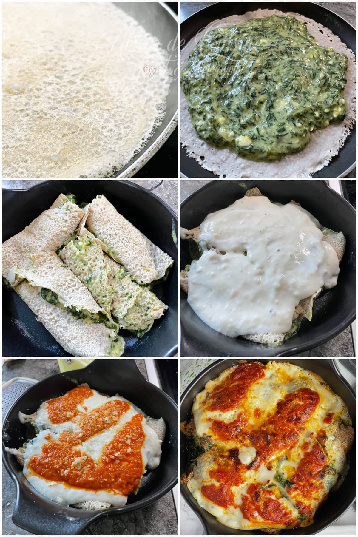 Montage en étapes du gratin de crêpes à la florentine : cuisson d’une crêpe au sarrasin, ajout de la farce épinards-ricotta, crêpes roulées dans le plat, nappage de béchamel puis de coulis de tomate, avant et après gratinage au four.