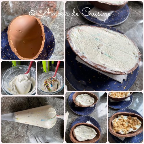 Easter cheesecake preparation steps: mixing the cream cheese with M&M’s, filling the chocolate shells using a piping bag, adding a layer of crushed biscuits, then smoothing the surface.