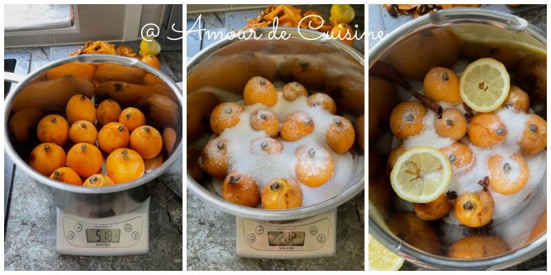 peser les nefles, et le sucre puis ajouter la canelle, la badiane et le citron