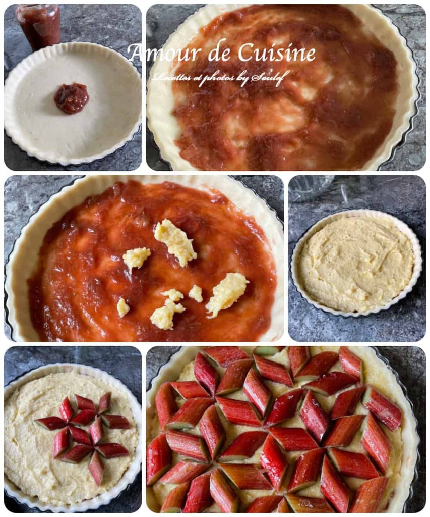 Step-by-step photo collage showing the preparation of a rhubarb almond tart. It starts with spreading rhubarb compote over a shortcrust pastry base, followed by adding almond cream, then carefully arranging fresh rhubarb pieces in a geometric flower pattern on top. The images showcase the vibrant colors and textures of each stage before baking