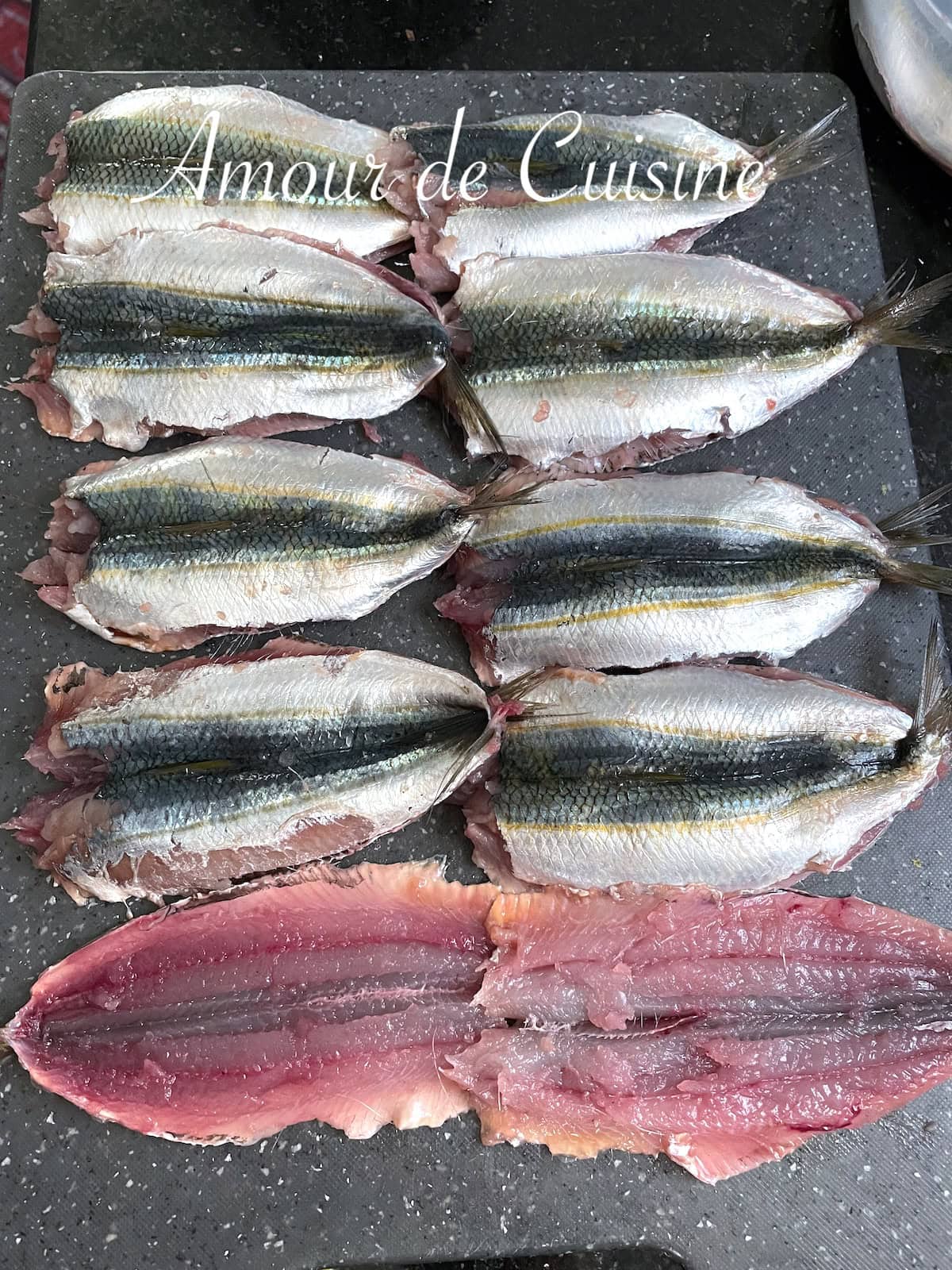 Sardines fraîches ouvertes en portefeuille et désarêtées, prêtes à être farcies pour une recette traditionnelle de sardines farcies à la chermoula