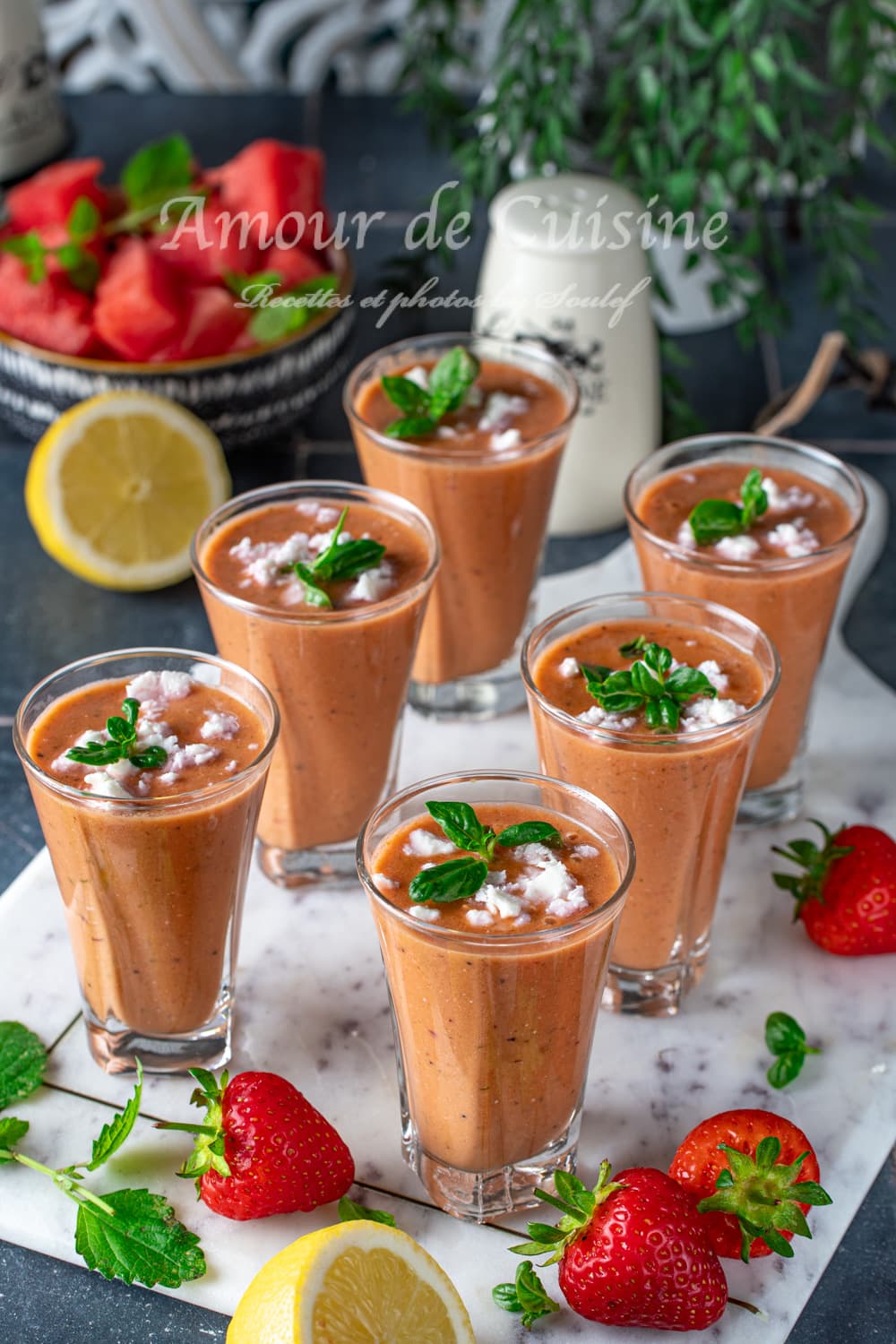 gaspacho de pasteque à la tomate et feta