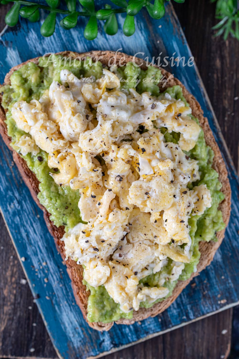 avocado toast aux oeufs brouillés, tartine à l'avocat aux oeufs