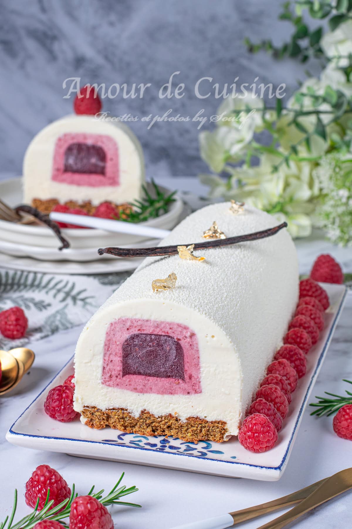buche à la vanille et framboises