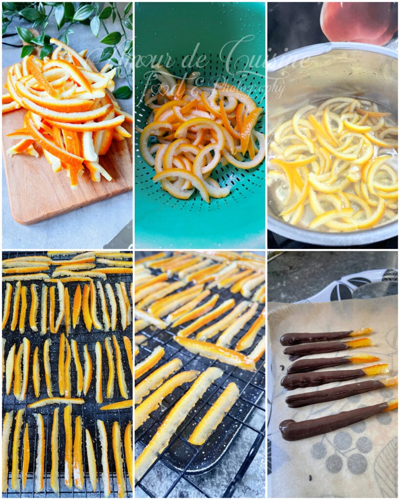 Step-by-step collage for chocolate orangettes: orange peel strips cut, rinsed and blanched in a pot, then candied peels dried on a rack before being dipped in dark chocolate.