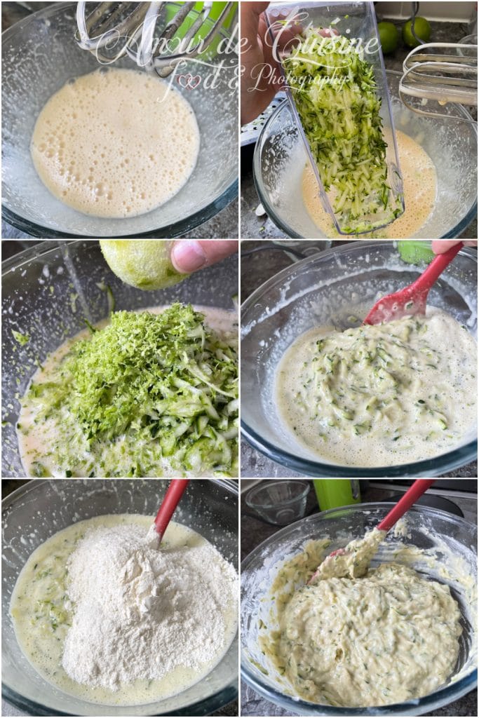 Étapes de préparation du gâteau aux courgettes et citron vert : fouettage des œufs et du sucre, ajout des courgettes râpées, incorporation du zeste de citron vert, mélange des ingrédients secs et obtention d’une pâte homogène.