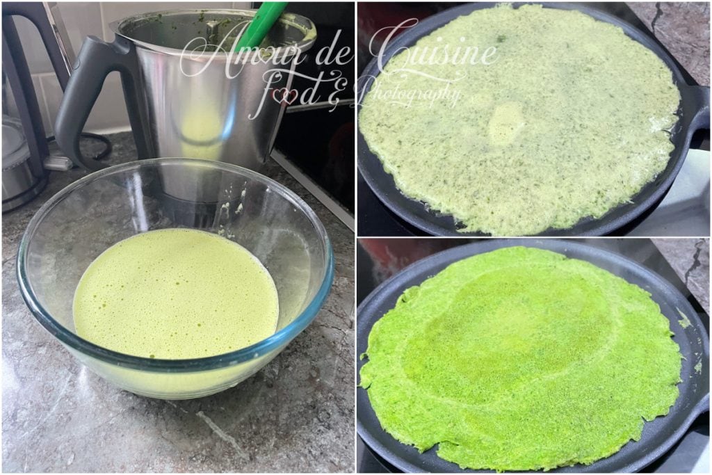 Montage de trois photos montrant les étapes de préparation des tortillas aux épinards : pâte mixée dans un saladier, pâte versée dans une poêle chaude, puis cuisson en cours avec une tortilla verte en formation